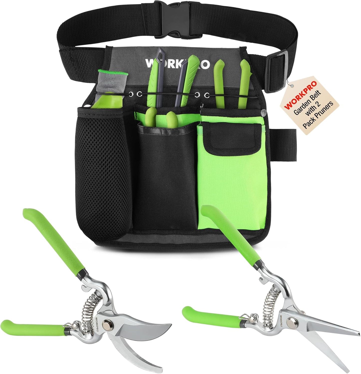 WORKPRO 2-Piece Pruning Shears and Garden Tool Belt Set, Gardening Belt with 5 Pockets and Adjustable Waist Belt, 8" Bypass Garden Shears and 8'' Handing Pruner with Steel Straight Blade