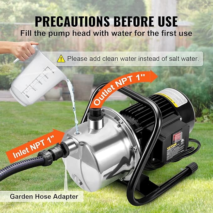 VEVOR 1.1 HP Portable Shallow Well Pump, 978 GPH Garden Jet Pump, 115V, 131 ft Height, Stainless Steel Sprinkler Booster Pumps for Garden Lawn Irrigation system, Lake Fountain, Water Transfer