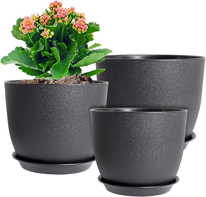 10/9/8 inch Medium Plant Pots, 3 Pack Modern Decorative Plastic Planters with Drainage Holes and Saucers, Flower Pots for Indoor Outdoor Plants, Black
