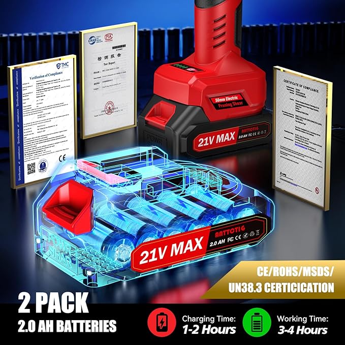 (Upgraded Version) Electric Pruning Shears, 2 Inch (50mm) Cutting Diameter Brushless Motor Cordless Pruning Shears with LED Display, Battery Pruners with Replacement SK7 Blades, 2Pcs Batteries