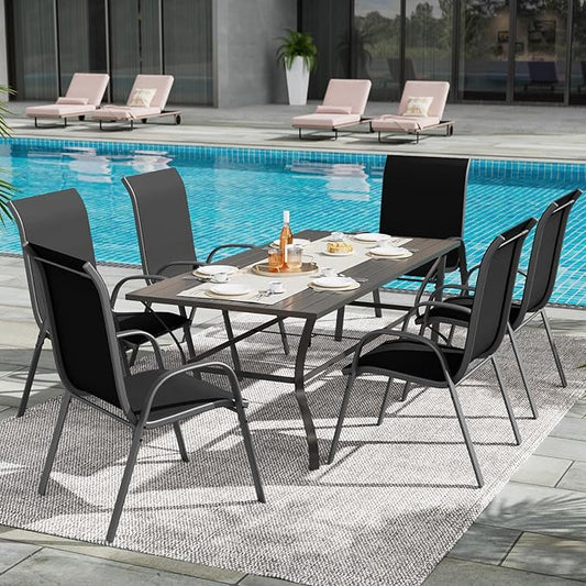 UDPATIO Patio Dining Set of 7, Outdoor Table and Chairs Set with Square Metal Table, 6 Stackable Patio Chairs with High Back, Outdoor Furniture for Deck Garden Backyard Lawn Poolside (Black)