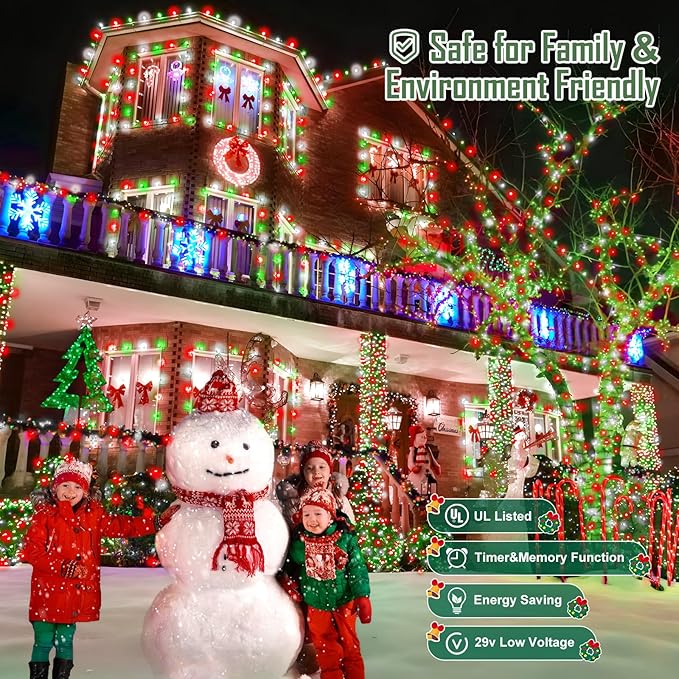 Heceltt 360 LED 118 FT Christmas Lights Outdoor, 8 Modes Christmas Lights Plug in, IP44 Waterproof Led Christmas Lights with Timer and Memory for Xmas Yard Garden Decorations (Red Green and White)