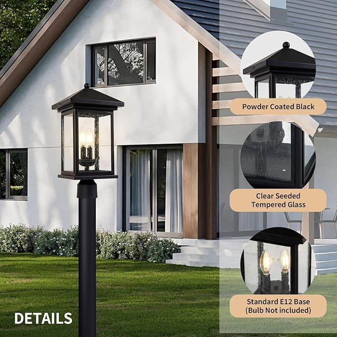 Outdoor Post Light, Waterproof Pole Lantern Lighting Fixture with Tempered Clear Seeded Glass, Matte Black Finish for Outdoors (Large Post Light)
