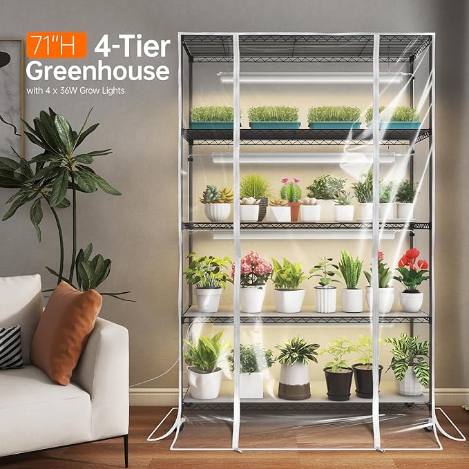 Indoor Greenhouse with Grow Light, Tall Plant Stand with 4 Pack Full Spectrum Plant Lights , 3 Color Modes, Plant Shelf with Tent for Indoor Plant, Seed Starting, Seed Tray, 47.2"x17.8"x70.9"