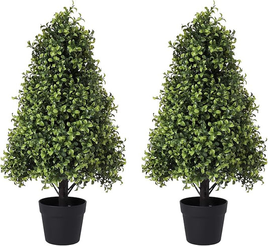 30" Artificial Boxwood Topiary Trees Outdoor Set of 2 - UV Resistant Faux Plants for Front Porch Outside Planter, Realistic Fake Cone-Shaped Bushes & Shrubs 2.5ft