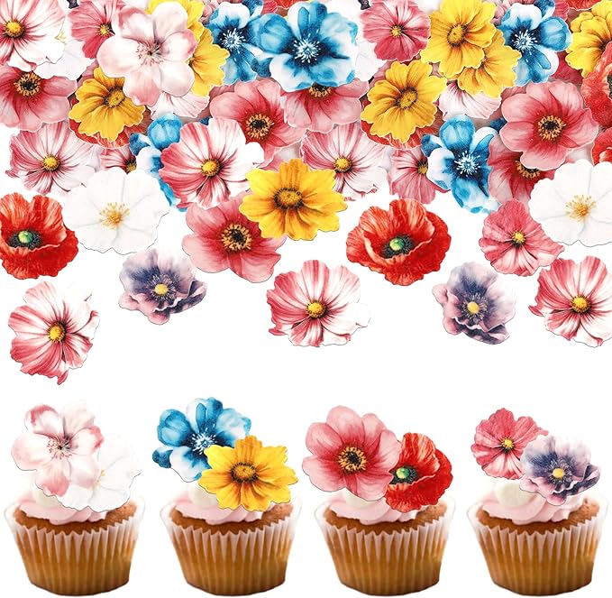 54 PCS Edible Flowers Cake Toppers Wafer Paper Flower Cupcake Toppers Hawaiian Edible Flowers Cake Decorations Mixed Size for Tropical Luau Themed Birthday Baby Shower Party Food Decor Supplies