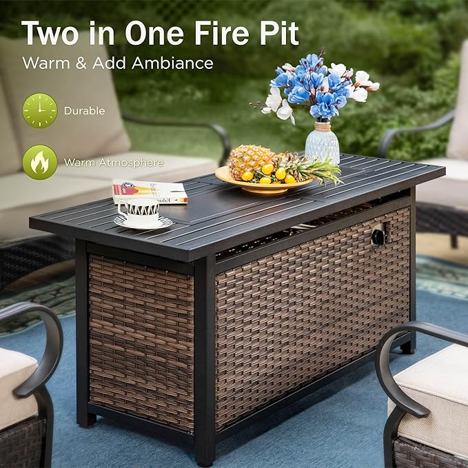Patio Furniture Set with 56" Fire Pit Table, Premium Outdoor Wicker Metal Frame Furniture with Upgraded Waterproof Thick Cushions for Porch, Poolside, Deck, and Yard （8 Pieces,Beige）