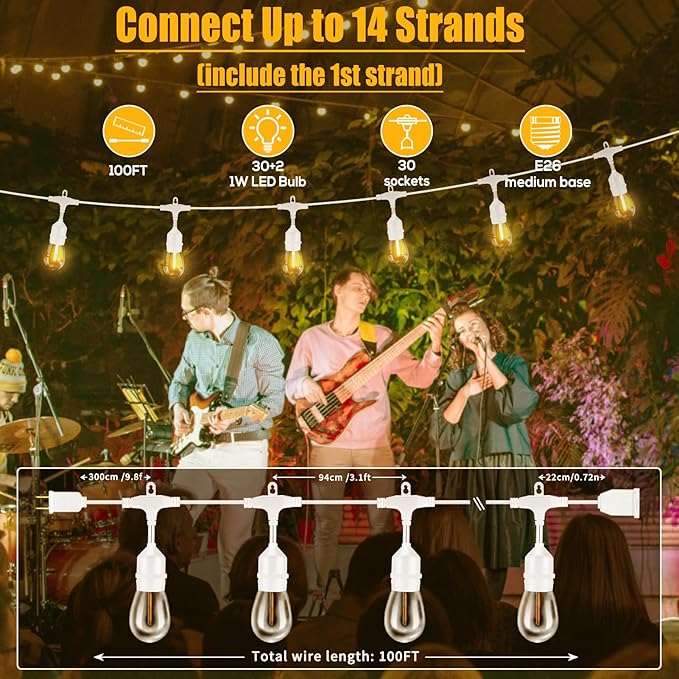 SUFEIMAS 100FT White Outdoor String Lights,IP65 Waterproof 30+2 Plastic LED Bulbs 2700K White Patio String Lights for Outside Porch, Pergola, Backyard, Bistro, Garden,Wedding Lights