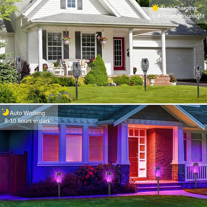 EOYIZW Solar Lights Outdoor, Halloween Decorations Purple Solar Tiki Torches for Outside Lights, 12 Pack Solar Torch Light with Flickering Flame Landscape Outdoor Lights for Yard Patio Garden