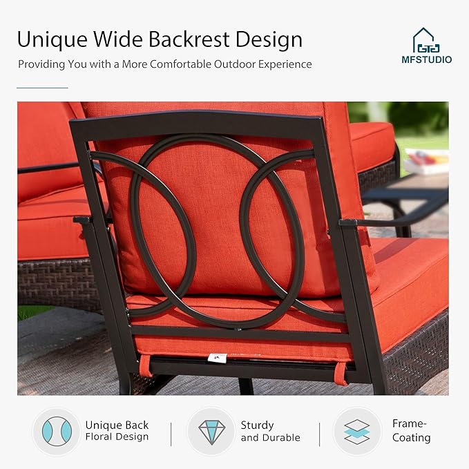 MFSTUDIO 4 Pieces Outdoor Patio Furniture Set, Metal Outdoor Conversation Set, Rattan Wicker Patio Sectional with 2 x Swivel Single Sofa, 3-Seat Sofa, 1 x Coffee Table, Red
