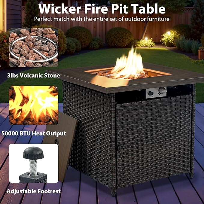 Outdoor Swivel Rocker Chairs Set of 4 with Fire Pit Table - 5 Peice Wicker Patio Furniture Set Conversation Set with 50,000 BTU Fire Pit for Deck Backyard - Brown Wicker Grey Cushion