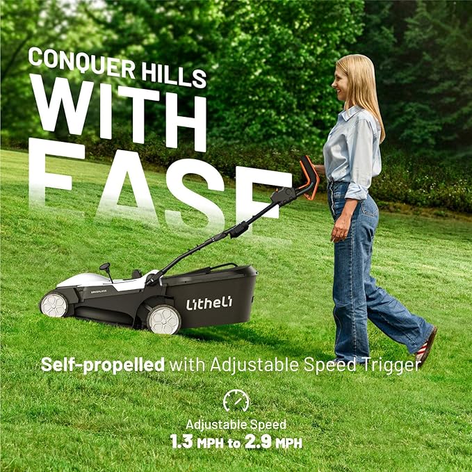 Litheli Lawn Mower 18" Electric Self Propelled for Garden Yards, Lightweight Cordless Lawn Mower Brushless with 6-Position Height Adjustment, 2 x 20V 4.0Ah Battery