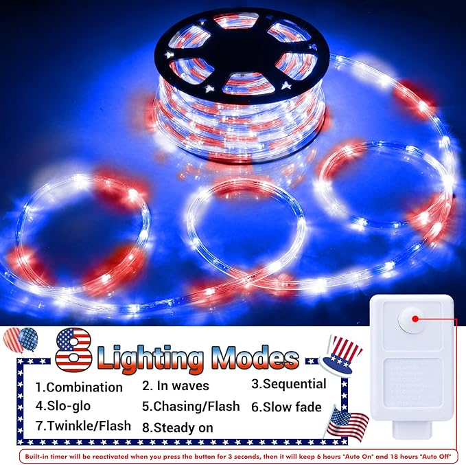 100ft LED Rope Lights Outdoor, 720 LED Connectable & Flexible Tube Lights with 8 Modes, Waterproof LED Rope Lighting for Independence Flag Day, Memorial Day, Outdoor,Indoor Decor (Red & White & Blue)