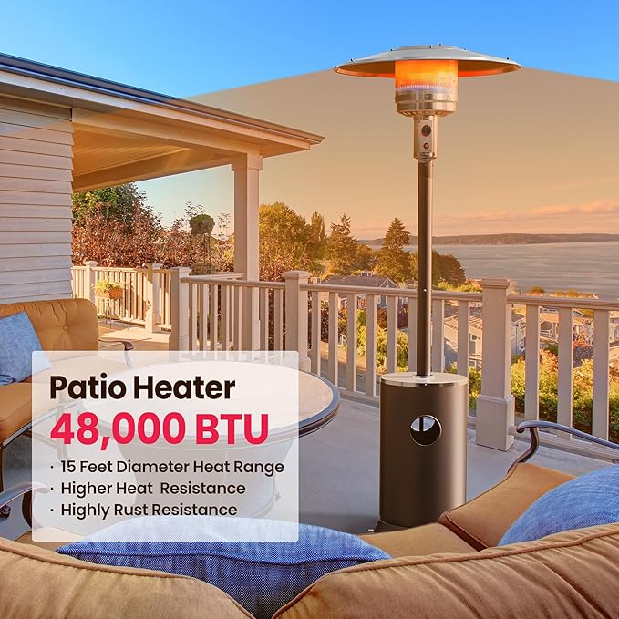 PAMAPIC 48000 BTU Patio Heater with high-strength waterproof cover, Propane Heater for Outdoor Use 2 in 1 Table Design, Double-Layer Stainless Steel Burner,Residential, Gray (Brown)