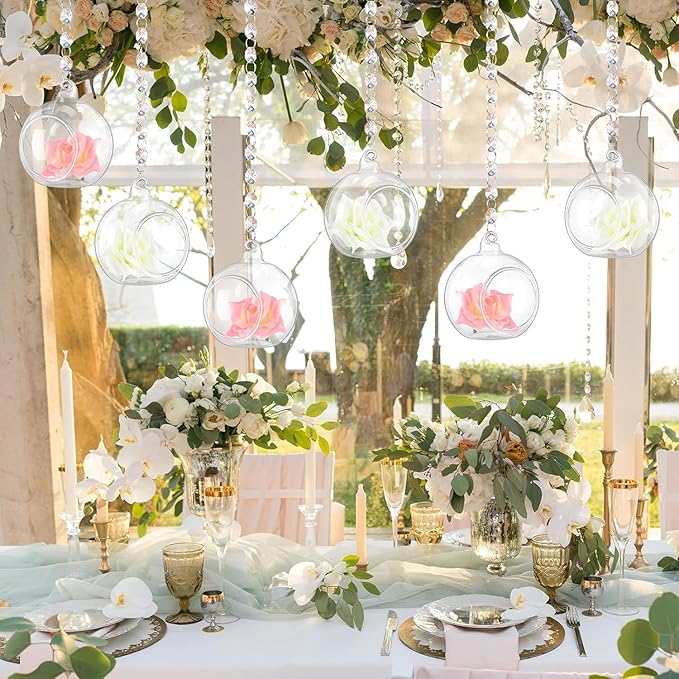 12 Sets Hanging Glass Candle Holder Wedding Glass Globe with Acrylic Gems Bead Garland Tea Light Holder Orbs Container for Flower Plants Micro Landscape DIY Xmas Tree Party Decoration 2.36 Inch
