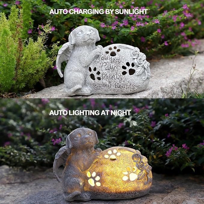 Dog Memorial Gifts Outdoor Statue with Solar Lights,Outdoor Resin Pet Ornament Grave Memorial Angel Decor Stone Effect