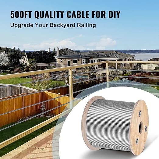 Mophorn Stainless Steel Cable Railing 1/8"x 500ft, Wire Rope 316 Marine Grade, Braided Aircraft Cable 7x7 Strands Construction for Deck,Rail,Balusters,Stair,Handrail,Porch,Fence