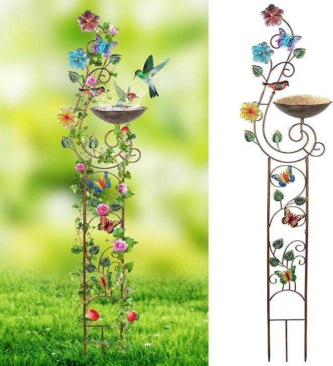 57” Bird Bath with Garden Trellis for Climbing Plants Outdoor, Small Decorative Metal Birdbath Bird Baths, Butterfly (Butterfly)