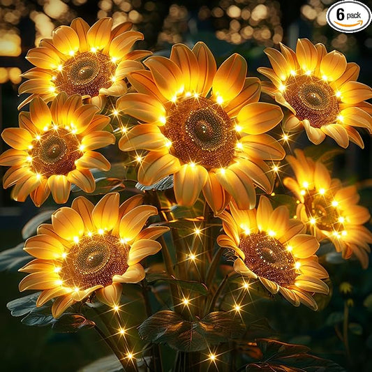 Solar Sunflower Garden Lights: 6 Pack of 18 LED Artificial Solar Flowers, IP65 Waterproof for Pathway, Walkway, Porch, Landscape, Yard Decorations
