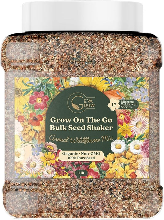 Wildflower Seed Shaker – Annual Mix by GevaGrow | 17 Variety Flower Seeds for Planting in Pots & Outdoor Gardens, Bulk 300,000+ Seeds - 1 Pound Tub