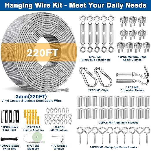 220FT 1/8" Wire Rope Kit - 304 Stainless Steel Cable with Turnbuckles for Cables Wire, Vinyl Coated Hanging Wire for Outdoor String Lights, Camping, Garden Trellis, Hanging Clothes, Pictures, Curtain