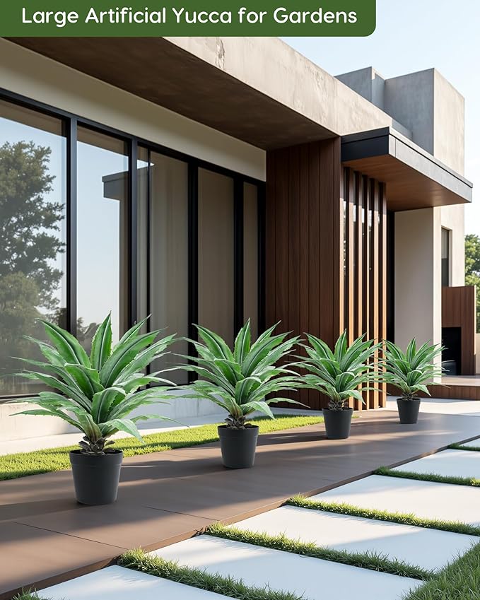 Velener Artificial Agave Plant in Black Pot with Real Stone Pebbles, Large Fake Agave Plants with Green Serrated Leaves, Faux Yucca for Indoor and Outdoor Decor-32 Inches Tall, 40 Leaves