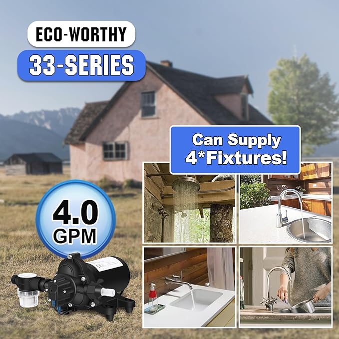 ECO-WORTHY 33-Series Industrial Water Pressure Pump 110V AC 4.0GPM 50PSI RV Fresh Water Diaphragm Pump include Garden Hose Adapters for Irrigation Marine Boat Sprinkler Faucet