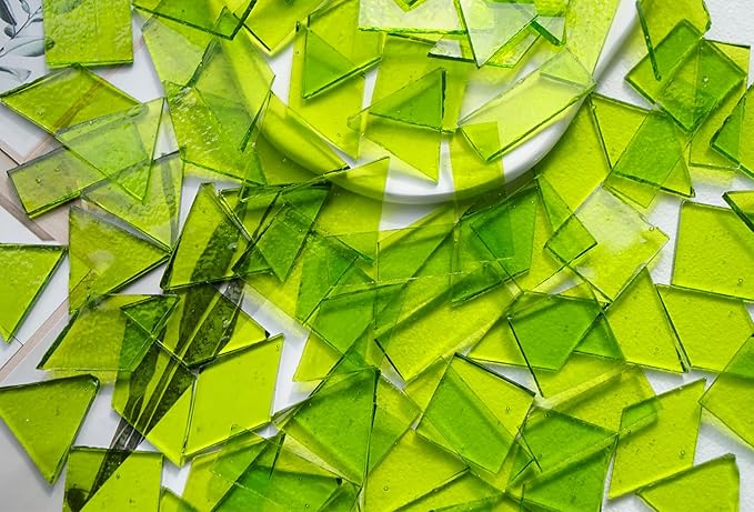 4 Shapes Large Transparent Mosaic Tiles for Mosaic Crafts, 200G Textured Stained Glass Supplies for Glass Mosaic Pieces, 70pcs Bulk Glass Mosaic Tiles for Glass on Glass Project, Green Grass