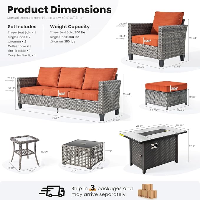 ovios 7 Pieces Patio Furniture Set with 42" Fire Pit Table, Outdoor Sofa Couch with Solar Lights Table Comfy Cushions, Modern Deep Seat Wicker Rattan Conversation Set, Orange Red