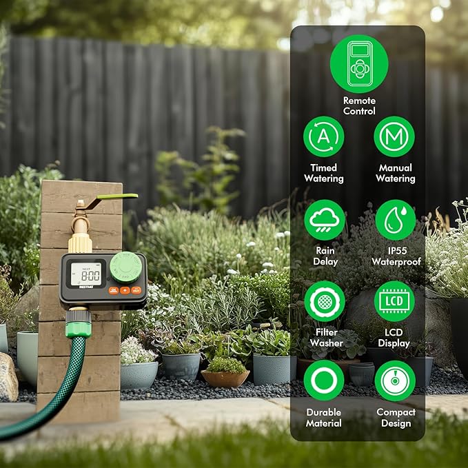 RESTMO RF Remote Controlled Sprinkler Timer with Brass Inlet & Outlet, Programmable Water Timer for Garden Hose, Automatic | Manual | Rain Delay for Outdoor Faucet, Drip Irrigation and Lawn Watering