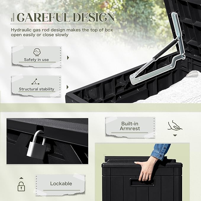 Greesum 100 Gallon Resin Deck Box Large Outdoor Storage with Cushions for Patio Furniture, Garden Tools, Pool Supplies, Weatherproof and UV Resistant, Lockable, Black