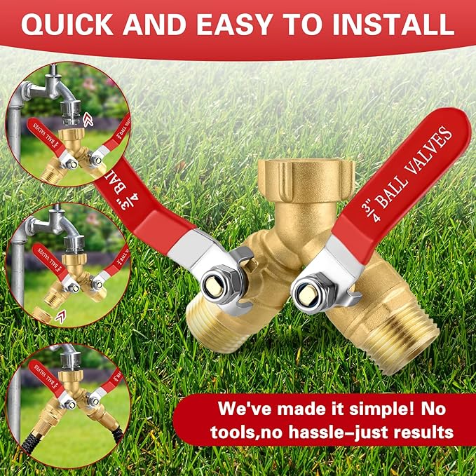 Garden Hose Splitter 2 Way, Brass Water Hose Splitter with Stainless Steel Long Handle, 3/4" GHT Thread Garden Hose Y Splitter, Full Flow Hose Splitter 2 Way Heavy Duty