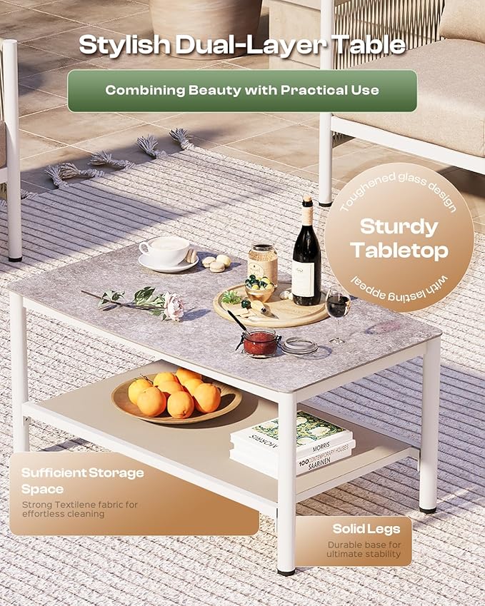 Aluminum Outdoor Sofa Armchair, HDPE Rope Patio Couch with Washable Thick Cushion, All-Weather Outdoor Patio Chairs Set of 2 for Balcony, Yard, White Frame, Ivory