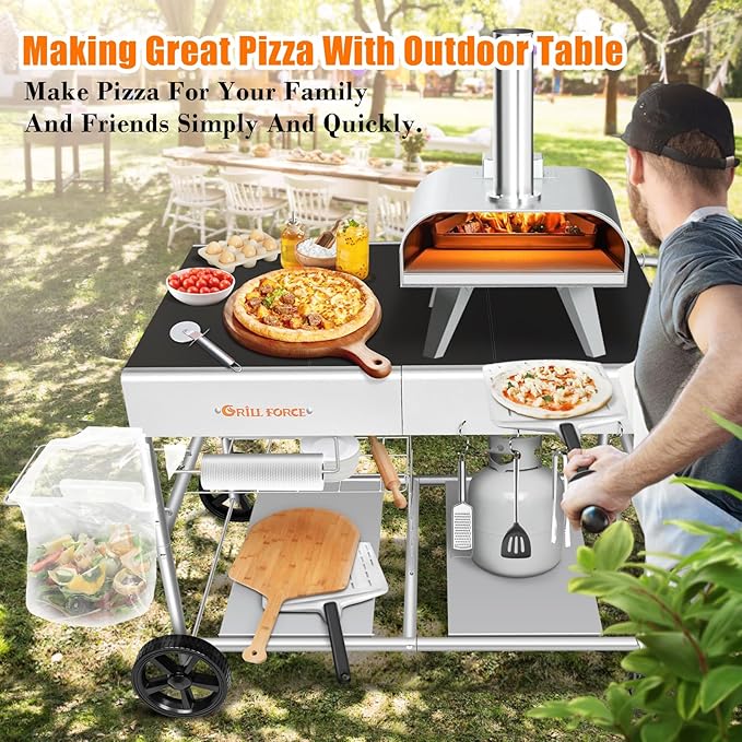 Outdoor Pizza Oven Table for Ninja Woodfire, Blackstone Tabletop Grill, Portable Grill Cart & Food Prep Work Table, Movable Pizza Oven Cart for Backyard BBQ and Patio Parties