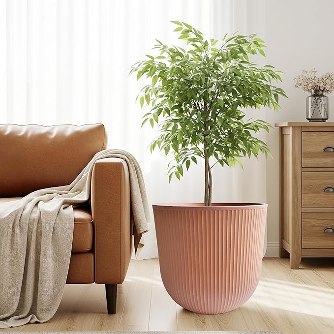 WORTH Garden Round Large Planter Pot 1-Pack, 17.5" Dia x 15.5" H - Durable Plastic Terracotta Plant Tree Pots with Vertical Stripe Textured Finish, Drainage Hole for Indoor Outdoor Front Porch Patio