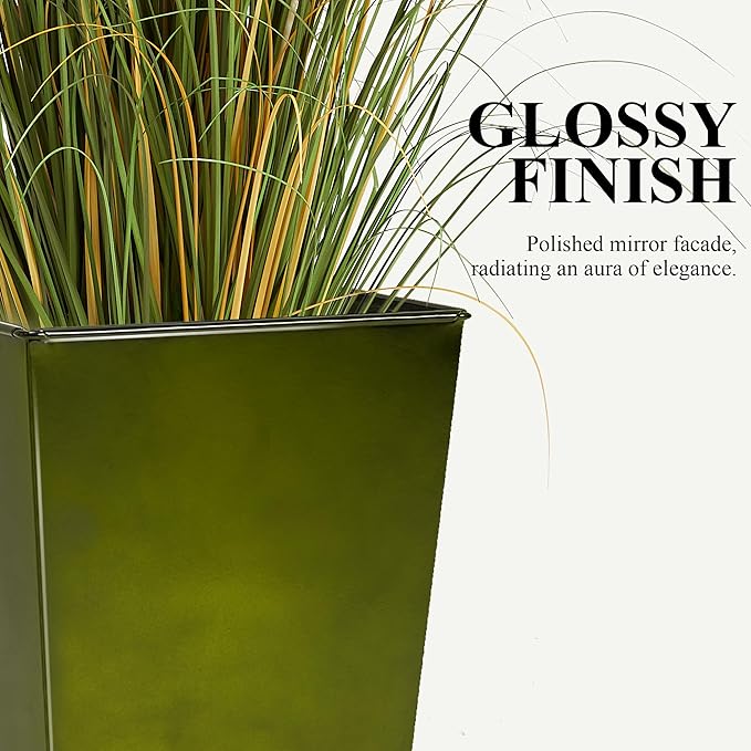 Worth Garden Large Metal Glazed Floor Planter Set of 2-14" Dia x 18" H - Luxurious Glossy Finish Green Tall Square Tapered Steel Plant Pots, Decor Flower Pot Indoor & Outdoor, Drainage Hole