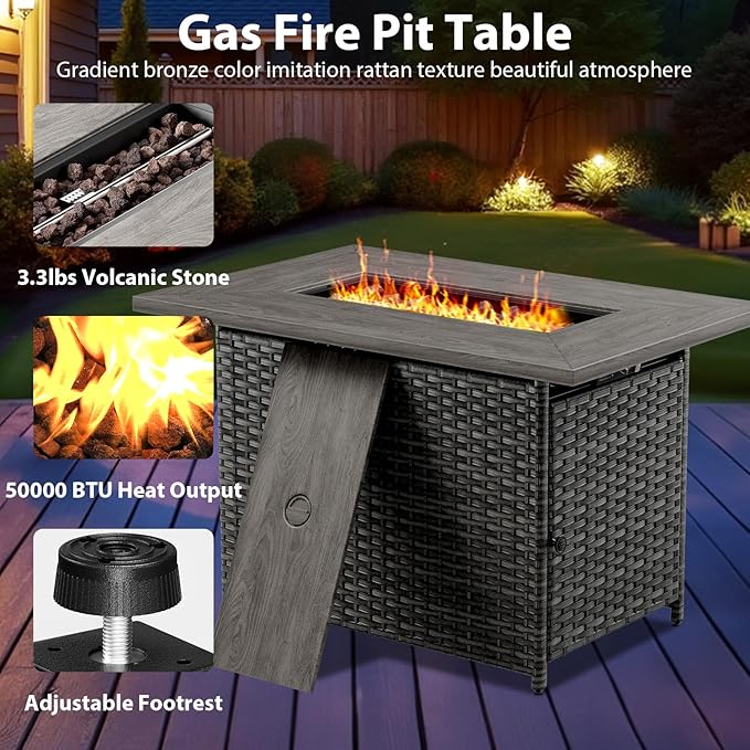 7 Piece Wicker Patio Furniture with Fire Pit Table - Outdoor Conversation Set with 50,000 BTU Fire Pit, All Weather Rattan Patio Set for Deck Backyard Garden - Grey Wicker Grey Cushion