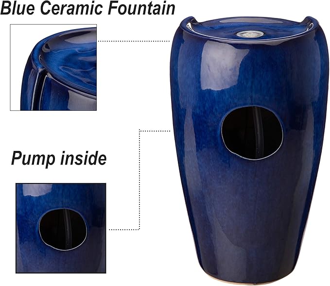 Glitzhome Ceramic Vase Outdoor Water Fountain Tall Patio Garden Water Fountain with LED Light and Submersible Pump Yard Art Decor, 20.5”H, Blue