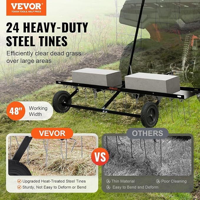 VEVOR Tow Behind Dethatcher, 48-inch Tow Dethatcher with 24 Spring Steel Tines, Lawn Dethatcher Rake for ATV or Mower, Tow Behind Lawn Rake with Lift Handle for Garden Farm Grass