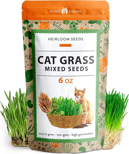 HOME GROWN 30,000+Cat Grass Seeds (6oz) 𝗡𝗢𝗡-𝗚𝗠𝗢 𝗨𝗦𝗔 Heirloom Barley & Oat Mix – Refill for Indoor Cat Grass Growing Kit – Safe Healthy Green Grass for Cats – Pet Grass for Eating & Digestion