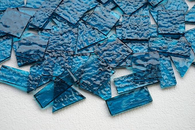 Large Size Textured Transparent Glass Mosaic Tiles, 200g Stained Glass Pieces for DIY Mosaic Crafts Bulk, 70pcs 4 Shapes Art Decor Mosaic Tiles, Turquoise Blue