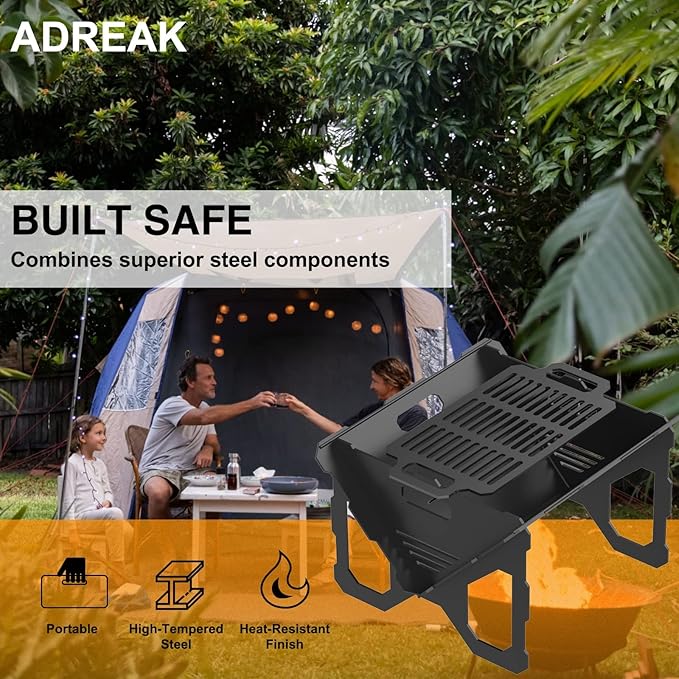 20 inch Fire Pit, Outdoor Portable Firepit with BBQ Tray, Detachable Camping Steel Fire Pits for Backyard, Patio, Picnic, Bonfire, Garden (Black-Large)