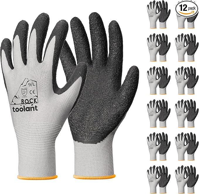 toolant Crinkle Latex Work Gloves Bulk, Rubber Coated Safety Work Gloves for Men and Women, 12 Pairs for Construction, Gardening, Warehouse (Gray, Large)