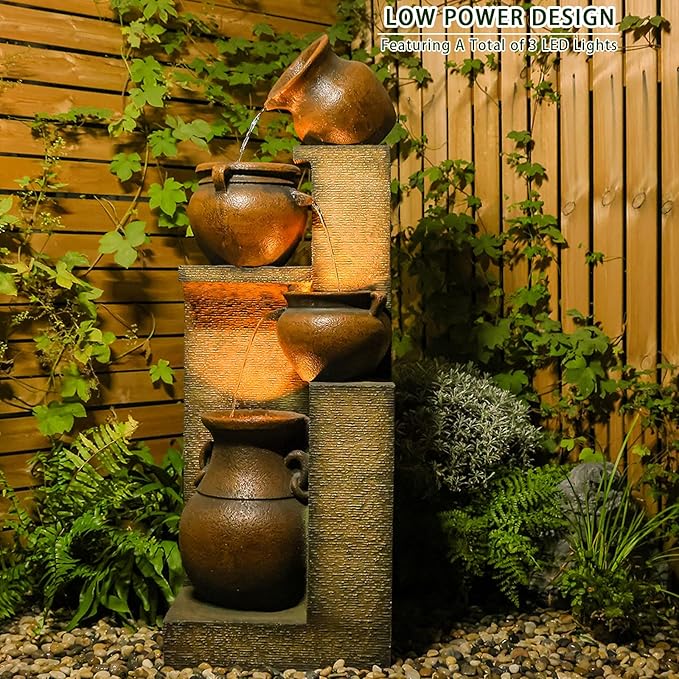 53" H Large Outdoor Water Fountain with Lights - 4 Tiered Cascading Bowls Waterfall Fountain for Garden, Patio, Backyard, Porch Inside - Freestanding Outdoor Water Feature Gold