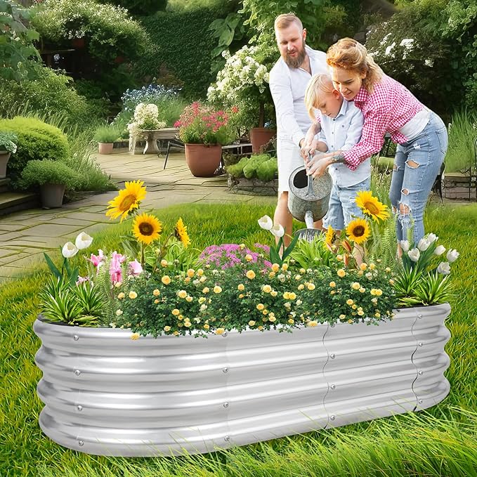 1MORE Galvanized Raised Garden Bed- Planter Garden Boxes Outdoor, Raised Beds for Gardening, 4x2x1ft Metal Garden Bed Kit for Vegetables Flower, Planter Raised Bed with Protective Tape & Tools.Silver