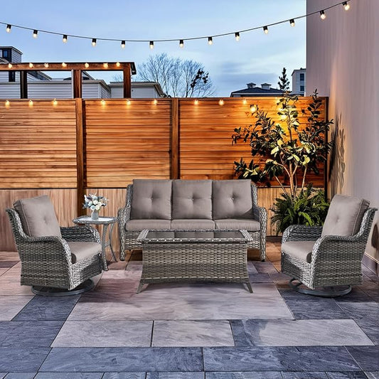 HUMMUH Wicker Patio Furniture Set with Outdoor Swivel Rocker Patio Chairs,High Back Outdoor Couch and Table 5 Pieces Outdoor Furniture for Porch Garden Deck