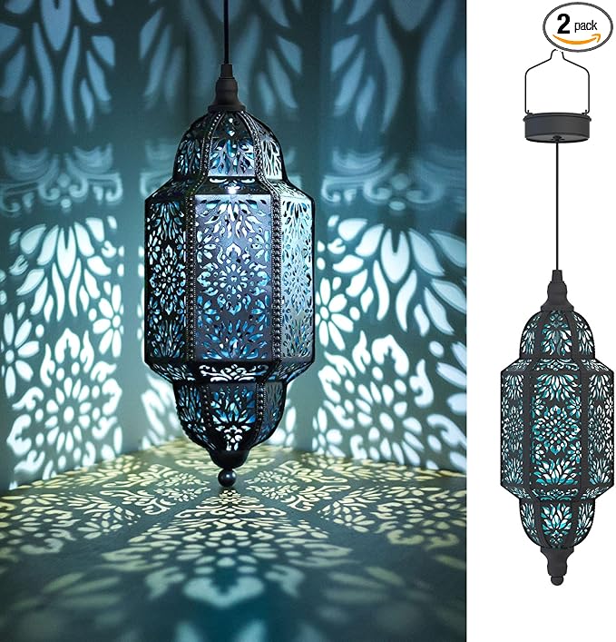 Twinkya 2 Pack Hanging Solar Lights Outdoor Garden Decorative Solar Lantern Waterproof Metal Moroccan Outdoor Decorations for Patio Pathway Yard Porch Backyard Garden Decor (Black, 2 Pack)
