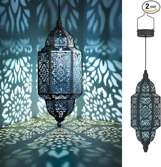 Twinkya 2 Pack Hanging Solar Lights Outdoor Garden Decorative Solar Lantern Waterproof Metal Moroccan Outdoor Decorations for Patio Pathway Yard Porch Backyard Garden Decor (Black, 2 Pack)