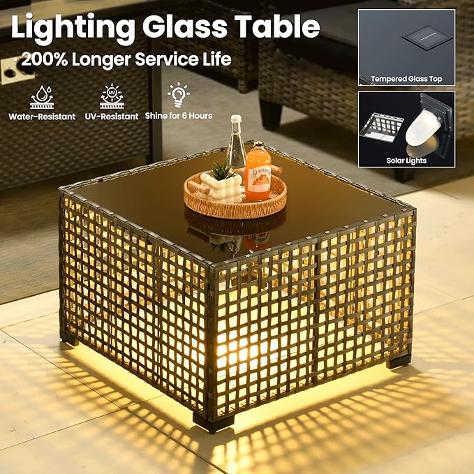 ovios 8 Pieces Patio Furniture Set Outdoor Sofa Couch with Solar Lights Table Comfy Cushions, Modern Deep Seat Wicker Rattan Conversation Set for Porch Deck, Black