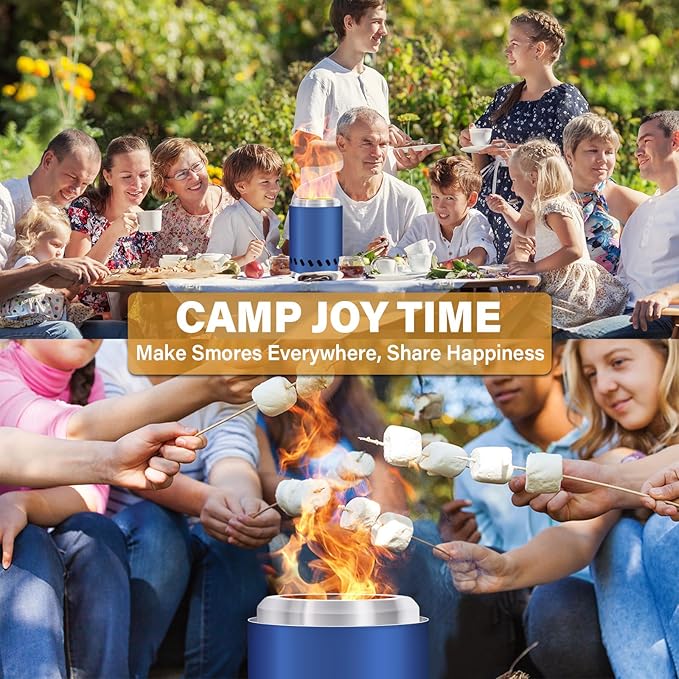 HGD 9.6 x 7.1 in Small Tabletop Fire Pit, Portable Mini Smokeless Table Top Firepit, Low Smoke Camping Stove for Outdoor & Patio, Fueled by Pellets or Wood, with Travel Bag, Stainless Steel, Blue